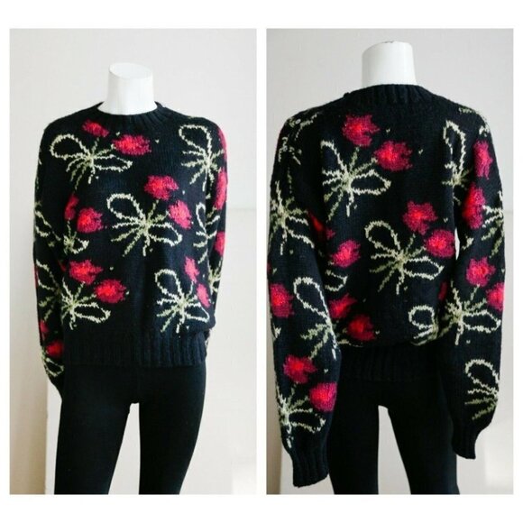 Principles Sweaters - Vintage Y2K Floral Novelty Print Black Pink Cute Statement Pullover S/M